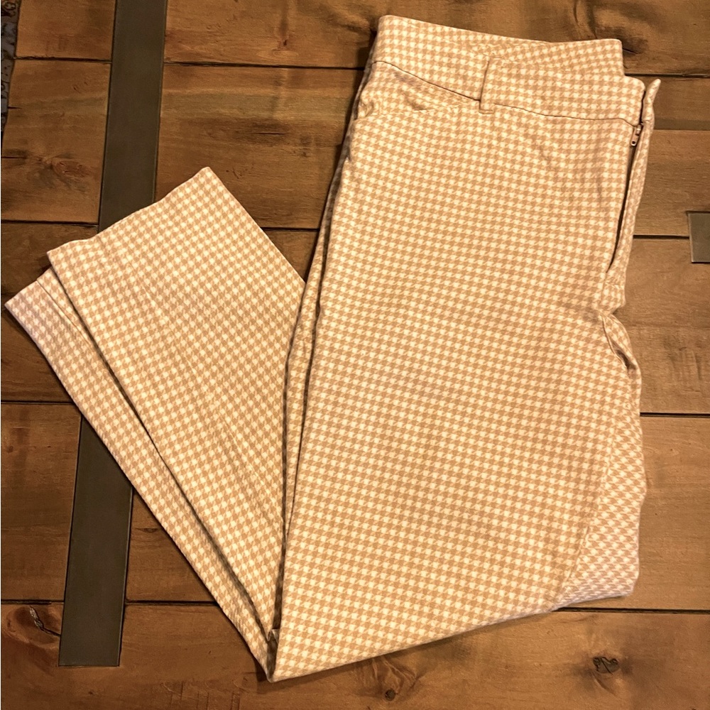 Beige Houndstooth Ankle Pants